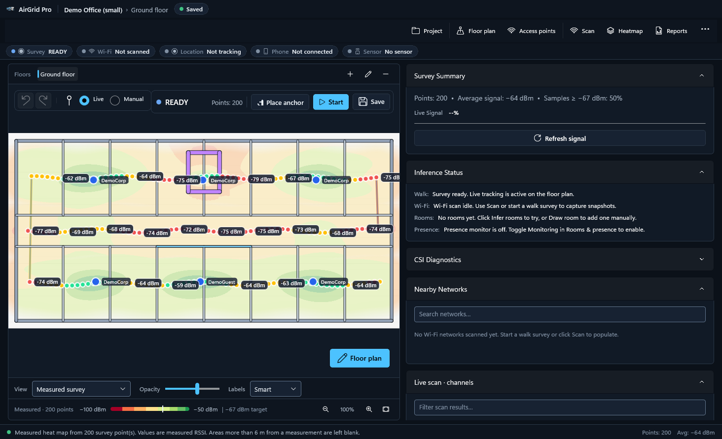 Air Grid Pro showing a measured Wi-Fi heat map of a demo office floor with 200 survey points